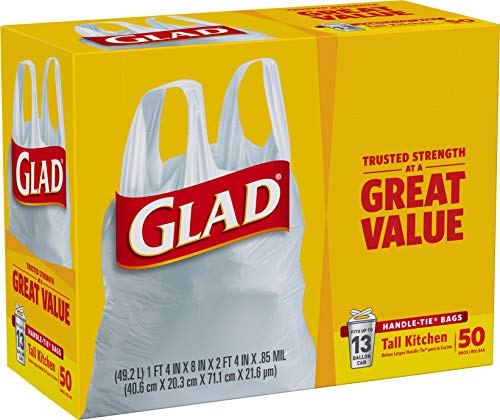 GLAD Tall Kitchen Trash Bags, 13 Gallon Handle Tie Trash Big for Kitchen, Unscented, 50 Count (Pack of 4)