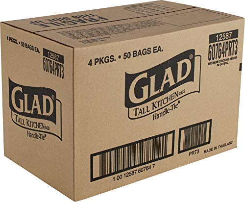 GLAD Tall Kitchen Trash Bags, 13 Gallon Handle Tie Trash Big for Kitchen, Unscented, 50 Count (Pack of 4)