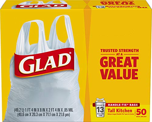 GLAD Tall Kitchen Trash Bags, 13 Gallon Handle Tie Trash Big for Kitchen, Unscented, 50 Count (Pack of 4)