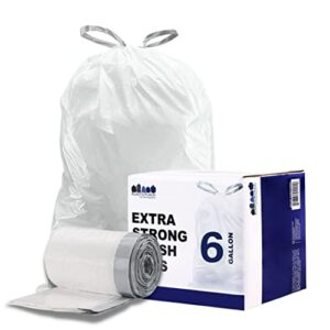 plasticplace 6 gallon trash bags, 0.7 mil, white drawstring garbage can liners, 17″ x 20″ (100 count)