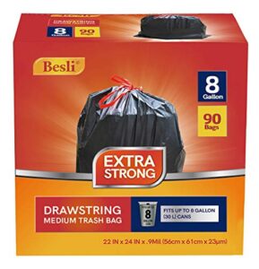 besli 8 gallon black drawstring trash bag garbage bag trash can liner,0.9 mil,90 counts