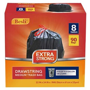 Besli 8 Gallon Black Drawstring Trash Bag Garbage Bag Trash Can Liner,0.9 Mil,90 Counts