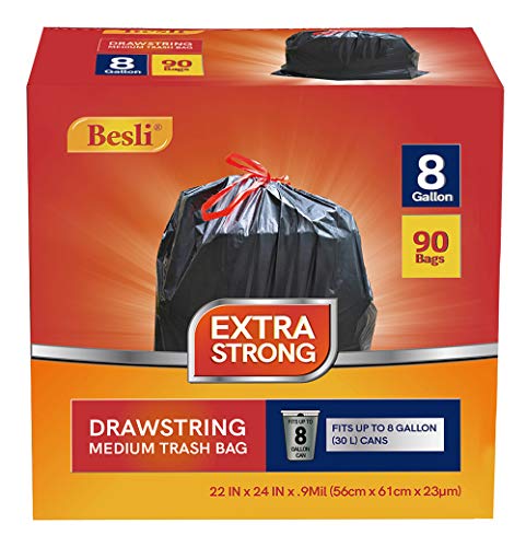 Besli 8 Gallon Black Drawstring Trash Bag Garbage Bag Trash Can Liner,0.9 Mil,90 Counts