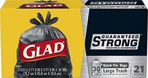 glad strong quick-tie large trash bags, 30 gallon bags for large kitchen trash can, 21 count (package may vary)