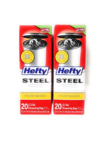 Hefty Steel Trash Bags 3.2 Gallon Drawstring Bags, Custom Fit for Steel Step Can Size B (1.32 Gallon/5 Liter Round & Oval and 3 Gallon/12 Liter Round & Oval), 2 Boxes of 20 Bags - 40 Bags Total