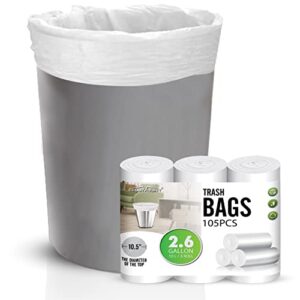 charmount small trash bags – bathroom trash bags- garbage bags for kitchen, office, bedroom, 2.6 gallon trash can liners, unscented,105 counts (white)