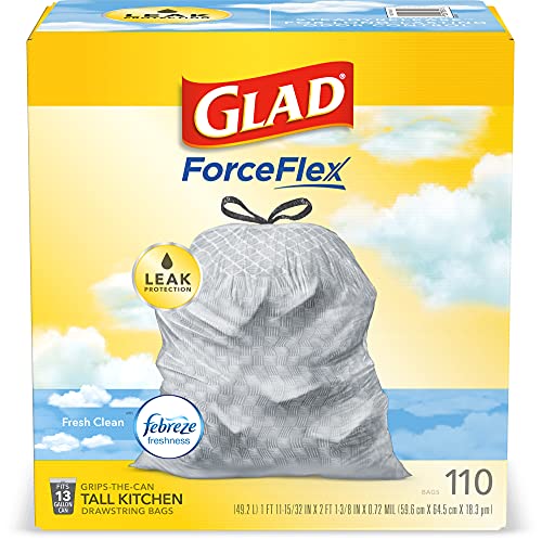 Glad Tall Kitchen Drawstring Trash Bags - Odorshield 13 Gallon White Trash Bag, Febreze Fresh Clean, White, Not Applicable, Febreze - Fresh Clean, 110 Count