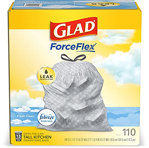 Glad Tall Kitchen Drawstring Trash Bags - Odorshield 13 Gallon White Trash Bag, Febreze Fresh Clean, White, Not Applicable, Febreze - Fresh Clean, 110 Count