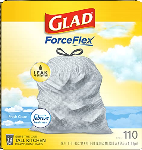 Glad Tall Kitchen Drawstring Trash Bags - Odorshield 13 Gallon White Trash Bag, Febreze Fresh Clean, White, Not Applicable, Febreze - Fresh Clean, 110 Count