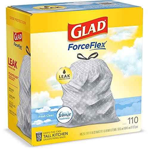 Glad Tall Kitchen Drawstring Trash Bags - Odorshield 13 Gallon White Trash Bag, Febreze Fresh Clean, White, Not Applicable, Febreze - Fresh Clean, 110 Count