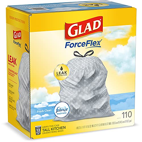 Glad Tall Kitchen Drawstring Trash Bags - Odorshield 13 Gallon White Trash Bag, Febreze Fresh Clean, White, Not Applicable, Febreze - Fresh Clean, 110 Count