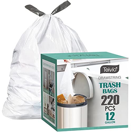 1.2 Gallon 220pcs Strong Drawstring Trash Bags Garbage Bags by Teivio, Bathroom Trash Can Bin Liners, Code a fit 4.5-5 Liter, 0.8-1.2 and 1-1.3 Gal, Small Plastic Bags for home office kitchen, White