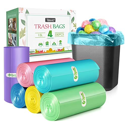 4 Gallon 330pcs Strong Trash Bags Colorful Clear Garbage Bags, Bathroom Trash Can Bin Liners, Small Plastic Bags for home office kitchen, fit 12-15 Liter, 3,3.5,4.5 Gal,Multicolor