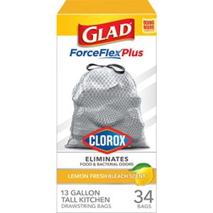 Glad ForceFlexPlus with Clorox Tall Trash Bags, 13 Gal, Lemon Fresh Bleach, 34 Ct, Pack May Vary