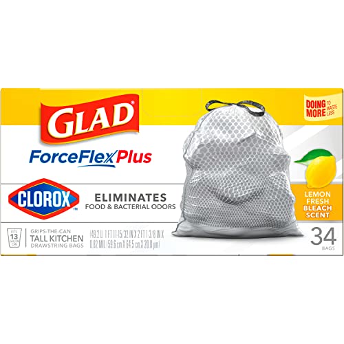 Glad ForceFlexPlus with Clorox Tall Trash Bags, 13 Gal, Lemon Fresh Bleach, 34 Ct, Pack May Vary