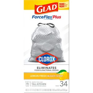 Glad ForceFlexPlus with Clorox Tall Trash Bags, 13 Gal, Lemon Fresh Bleach, 34 Ct, Pack May Vary