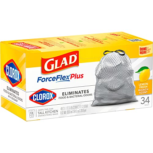 Glad ForceFlexPlus with Clorox Tall Trash Bags, 13 Gal, Lemon Fresh Bleach, 34 Ct, Pack May Vary