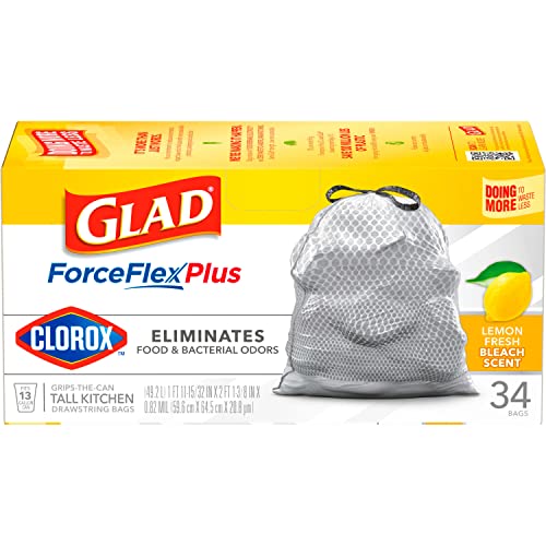 Glad ForceFlexPlus with Clorox Tall Trash Bags, 13 Gal, Lemon Fresh Bleach, 34 Ct, Pack May Vary