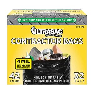 ultrasac extra heavy duty contractor bags – 42 gallons 4 mil (32 pack w/ties) – 33″ x 48″ extremely thick and tough professional trash bag for construction, commerical, industrial, yard, outdoor use