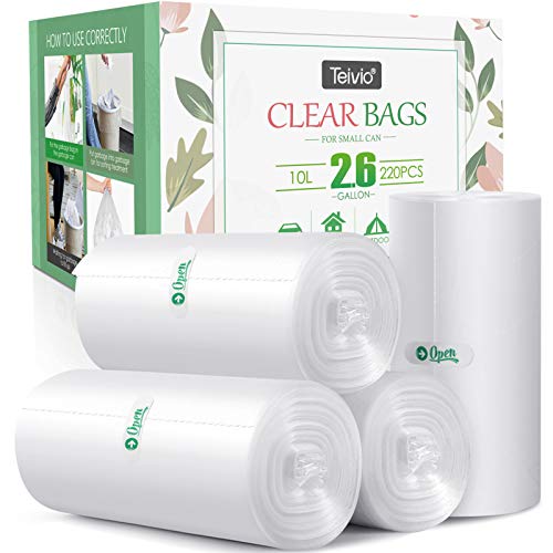 2.6 Gallon 220 Counts Strong Trash Bags Garbage Bags by Teivio, Bathroom Trash Can Bin Liners, Small Plastic Bags for home office kitchen,fit 10 Liter, 2,2.5,3 Gal, Clear