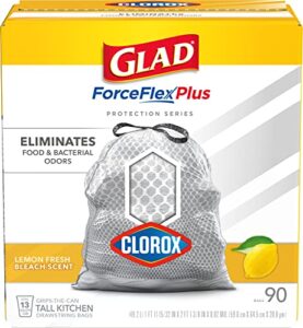 glad forceflexplus tall kitchen trash bags, 13 gallon trash bags for tall kitchen trash can, lemon fresh bleach scent to eliminate odors, 90 count (package may vary)