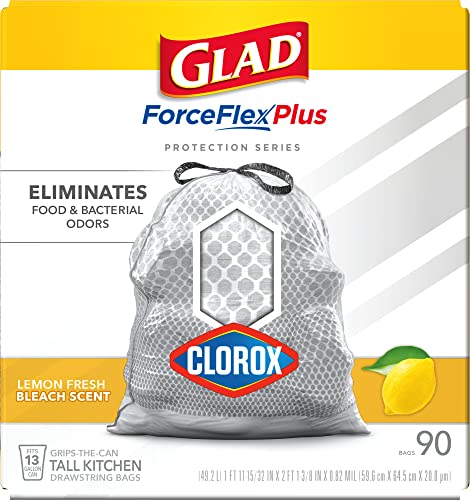 GLAD ForceFlexPlus Tall Kitchen Trash Bags, 13 Gallon Trash Bags for Tall Kitchen Trash Can, Lemon Fresh Bleach Scent to Eliminate Odors, 90 Count (Package May Vary)
