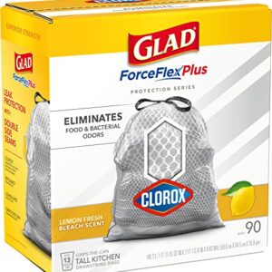 GLAD ForceFlexPlus Tall Kitchen Trash Bags, 13 Gallon Trash Bags for Tall Kitchen Trash Can, Lemon Fresh Bleach Scent to Eliminate Odors, 90 Count (Package May Vary)