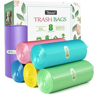 8 gallon 330 counts strong trash bags garbage bags by teivio, bathroom trash can bin liners, plastic bags for home office kitchen，multicolor