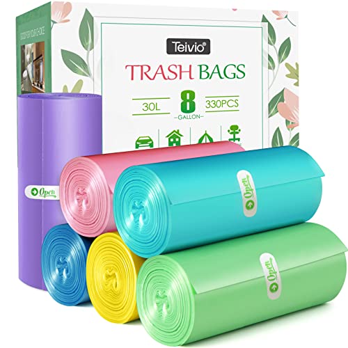 8 Gallon 330 Counts Strong Trash Bags Garbage Bags by Teivio, Bathroom Trash Can Bin Liners, Plastic Bags for home office kitchen，Multicolor