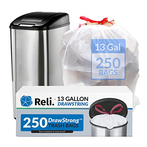 Reli. Tall Kitchen Drawstring Trash Bags 13 Gallon | 250 Count Bulk | Kitchen Garbage Bags | White | 13 Gallon - 16 Gallon Capacity