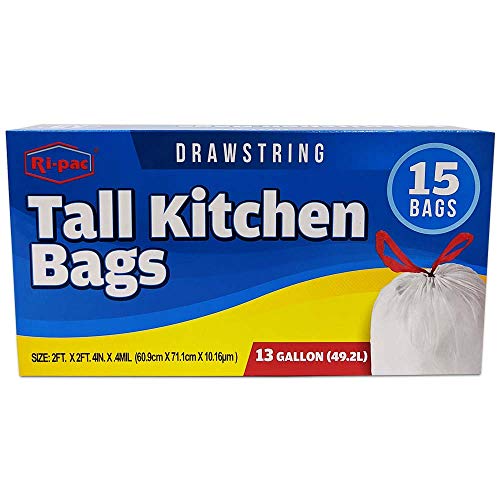 Ri-pac Tall Kitchen Trash Bags with Drawstring 13 Gallon 15 Count Bags