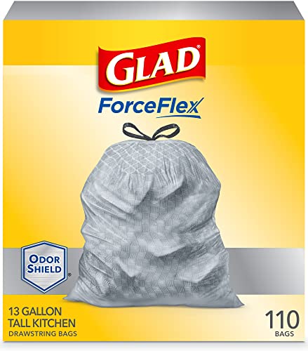 GLAD ForceFlex Tall Drawstring Trash Bags, 13 Gallon White Trash Bags for Tall Kitchen Trash Can, Gain Original Scent to Eliminate Odors, 100 Count - Packaging May Vary