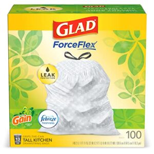 glad forceflex tall drawstring trash bags, 13 gallon white trash bags for tall kitchen trash can, gain original scent to eliminate odors, 100 count – packaging may vary