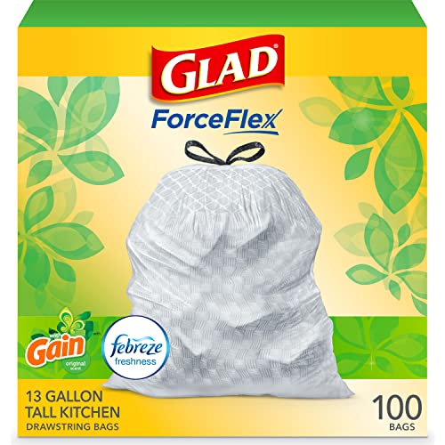 GLAD ForceFlex Tall Drawstring Trash Bags, 13 Gallon White Trash Bags for Tall Kitchen Trash Can, Gain Original Scent to Eliminate Odors, 100 Count - Packaging May Vary