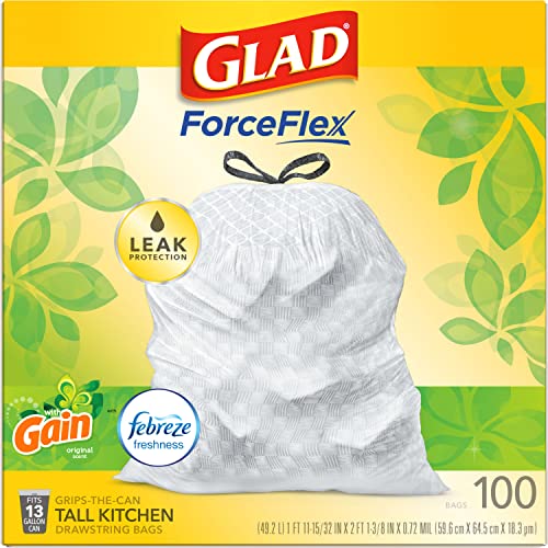 GLAD ForceFlex Tall Drawstring Trash Bags, 13 Gallon White Trash Bags for Tall Kitchen Trash Can, Gain Original Scent to Eliminate Odors, 100 Count - Packaging May Vary