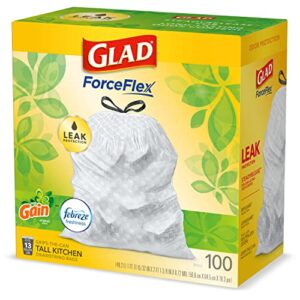 GLAD ForceFlex Tall Drawstring Trash Bags, 13 Gallon White Trash Bags for Tall Kitchen Trash Can, Gain Original Scent to Eliminate Odors, 100 Count - Packaging May Vary