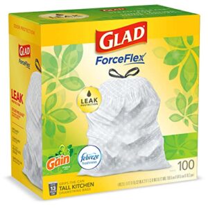 GLAD ForceFlex Tall Drawstring Trash Bags, 13 Gallon White Trash Bags for Tall Kitchen Trash Can, Gain Original Scent to Eliminate Odors, 100 Count - Packaging May Vary