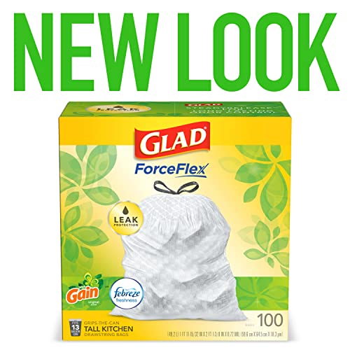 GLAD ForceFlex Tall Drawstring Trash Bags, 13 Gallon White Trash Bags for Tall Kitchen Trash Can, Gain Original Scent to Eliminate Odors, 100 Count - Packaging May Vary