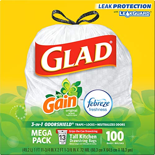 GLAD ForceFlex Tall Drawstring Trash Bags, 13 Gallon White Trash Bags for Tall Kitchen Trash Can, Gain Original Scent to Eliminate Odors, 100 Count - Packaging May Vary