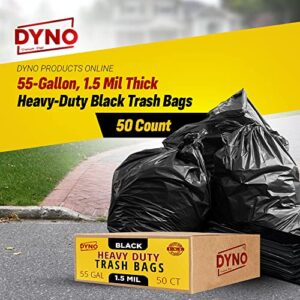 dyno products online 55-gallon, 1.5 mil thick heavy-duty black trash bags, 50 count – large plastic garbage liners fits huge cans for home garden lawn yard recycling construction & commercial use