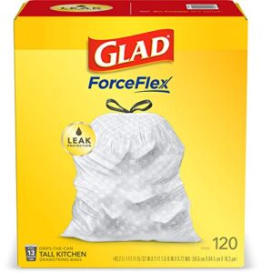 glad forceflex tall drawstring trash bags, 13 gallon white trash bags for tall kitchen trash can, unscented leak protection bags, 120 count – packaging may vary
