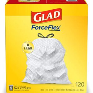 GLAD ForceFlex Tall Drawstring Trash Bags, 13 Gallon White Trash Bags for Tall Kitchen Trash Can, Unscented Leak Protection Bags, 120 Count - Packaging May Vary