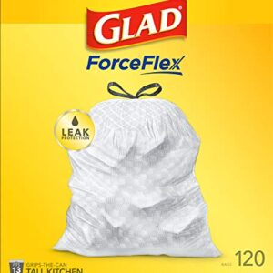 GLAD ForceFlex Tall Drawstring Trash Bags, 13 Gallon White Trash Bags for Tall Kitchen Trash Can, Unscented Leak Protection Bags, 120 Count - Packaging May Vary