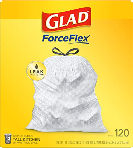 GLAD ForceFlex Tall Drawstring Trash Bags, 13 Gallon White Trash Bags for Tall Kitchen Trash Can, Unscented Leak Protection Bags, 120 Count - Packaging May Vary