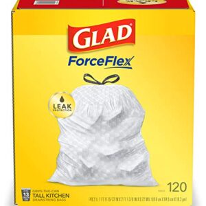 GLAD ForceFlex Tall Drawstring Trash Bags, 13 Gallon White Trash Bags for Tall Kitchen Trash Can, Unscented Leak Protection Bags, 120 Count - Packaging May Vary