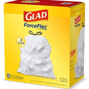 GLAD ForceFlex Tall Drawstring Trash Bags, 13 Gallon White Trash Bags for Tall Kitchen Trash Can, Unscented Leak Protection Bags, 120 Count - Packaging May Vary