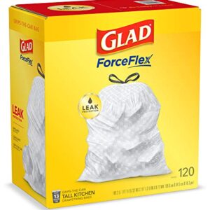 GLAD ForceFlex Tall Drawstring Trash Bags, 13 Gallon White Trash Bags for Tall Kitchen Trash Can, Unscented Leak Protection Bags, 120 Count - Packaging May Vary