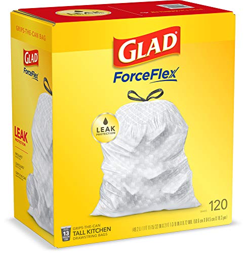 GLAD ForceFlex Tall Drawstring Trash Bags, 13 Gallon White Trash Bags for Tall Kitchen Trash Can, Unscented Leak Protection Bags, 120 Count - Packaging May Vary