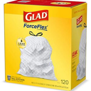 GLAD ForceFlex Tall Drawstring Trash Bags, 13 Gallon White Trash Bags for Tall Kitchen Trash Can, Unscented Leak Protection Bags, 120 Count - Packaging May Vary