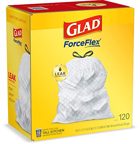 GLAD ForceFlex Tall Drawstring Trash Bags, 13 Gallon White Trash Bags for Tall Kitchen Trash Can, Unscented Leak Protection Bags, 120 Count - Packaging May Vary